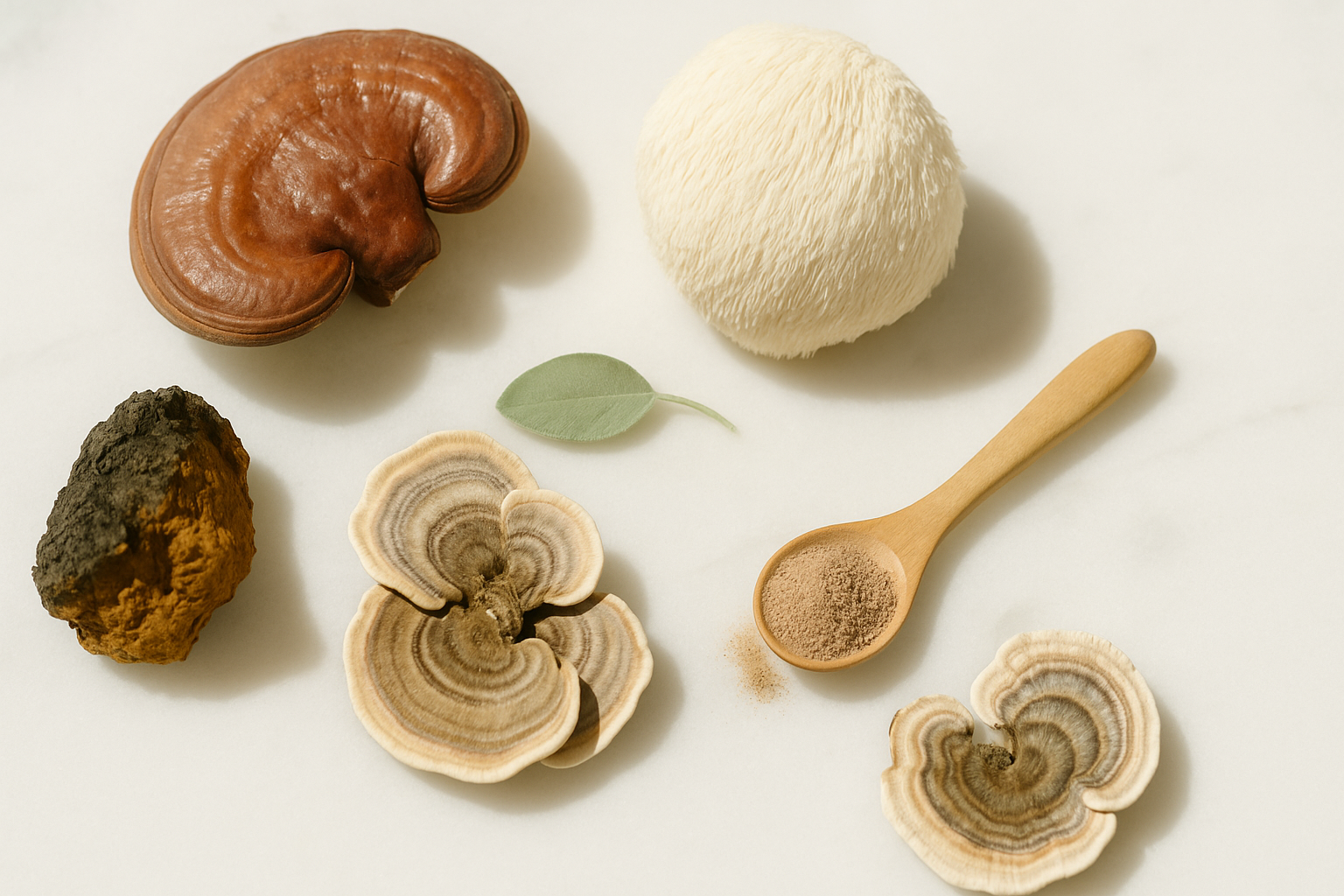Functional mushrooms including reishi, chaga, lion's mane and turkey tail arranged with Nourishing Nutrients Superfood10 organic mushroom powder