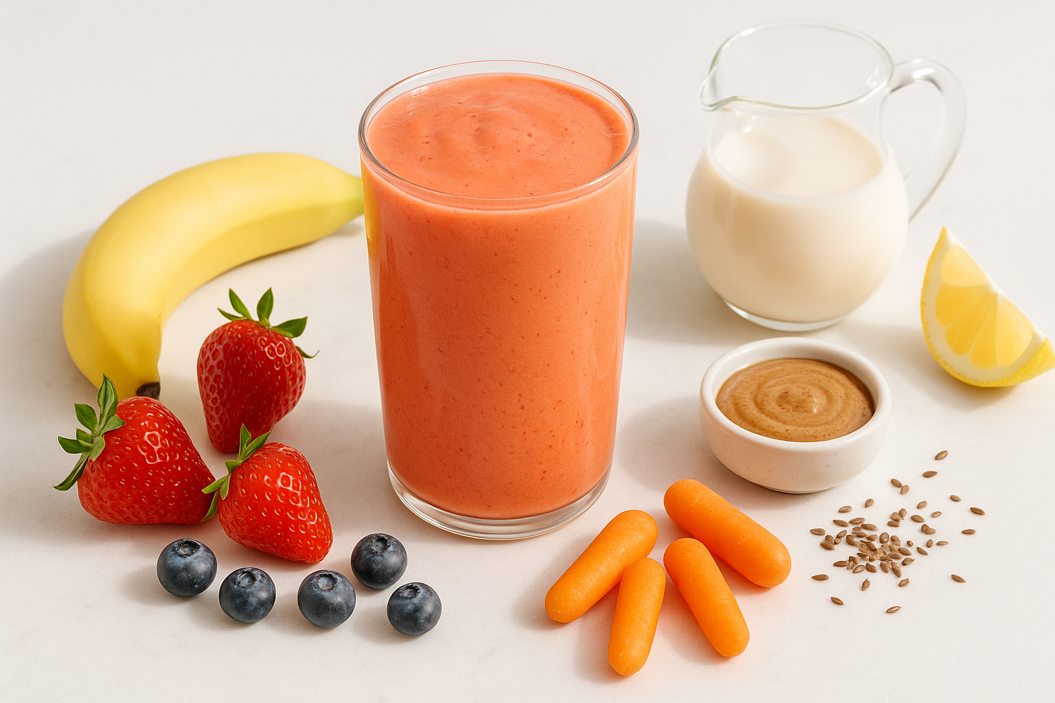 Vibrant pink-orange skin-glowing smoothie in glass surrounded by fresh ingredients including strawberries, blueberries, banana, carrots, almond butter and flax seeds with Nourishing Nutrients Pearl Powder