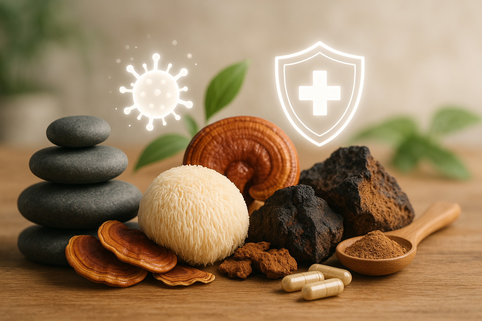 <img alt="Adaptogenic mushroom supplements for immune health and stress relief with reishi, lion's mane, and chaga mushrooms" src="">