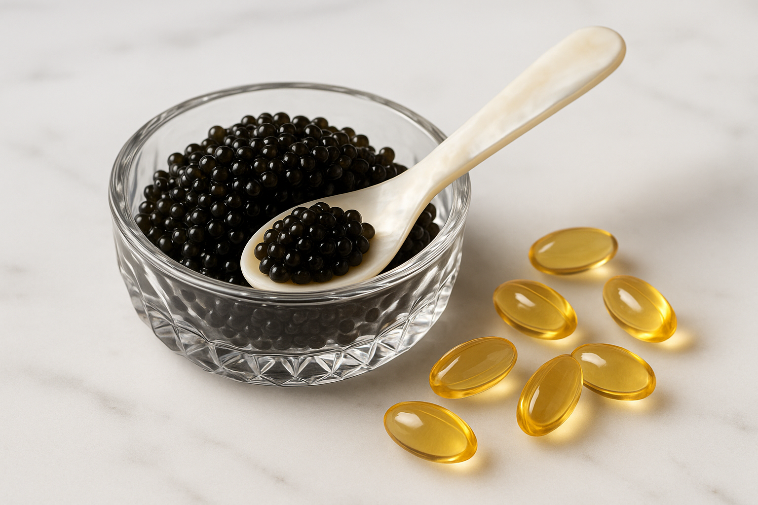 "Premium black caviar in crystal bowl with mother-of-pearl spoon alongside golden omega-3 fish oil supplement capsules on white marble surface"