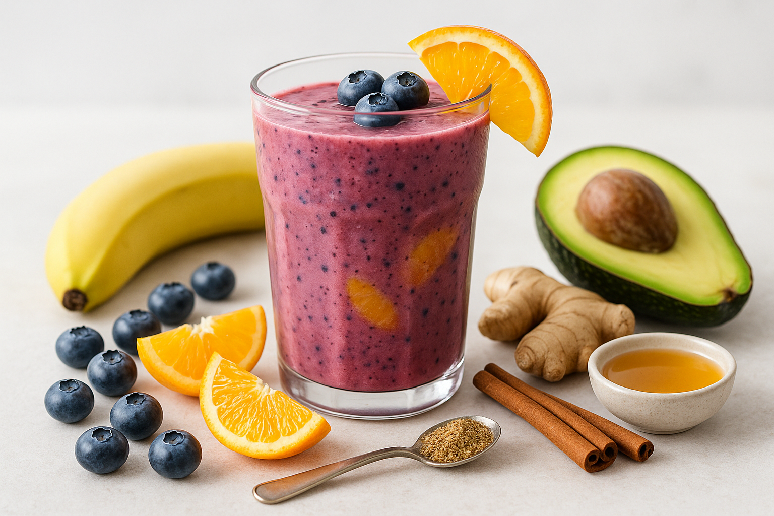 "Heart-healthy citrus berry smoothie in a clear glass with vibrant purple-pink color, surrounded by fresh ingredients including blueberries, orange segments, avocado, banana, flaxseed, cinnamon, and ginger on a light, bright background"