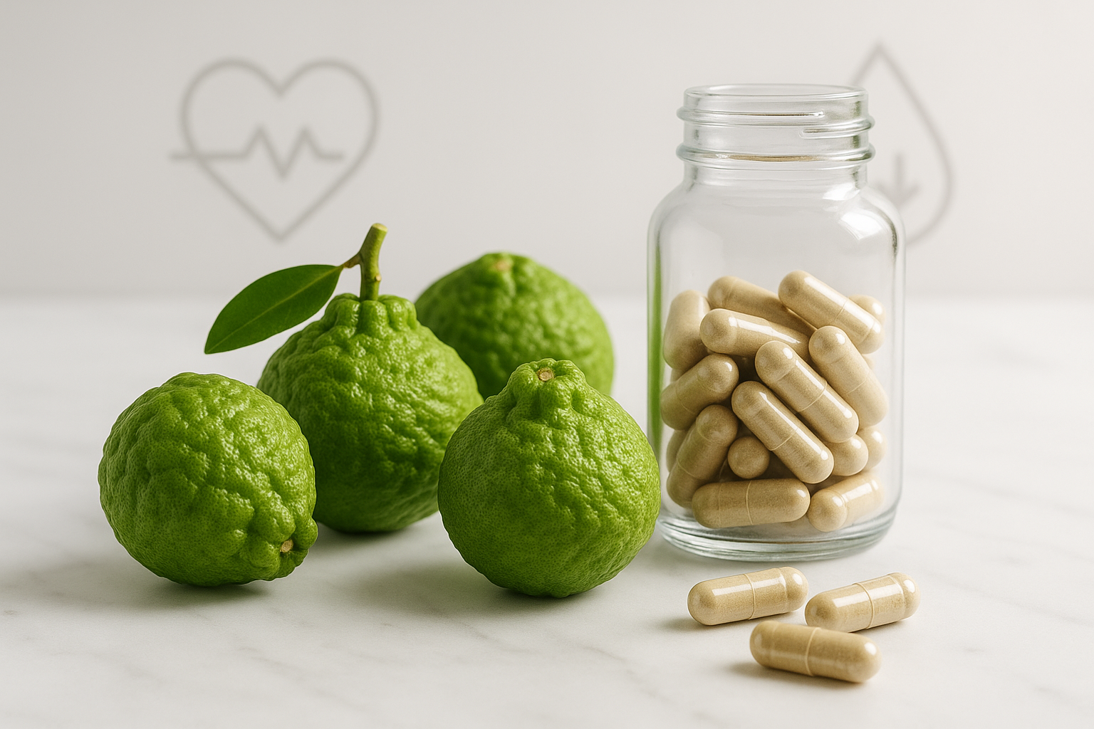Fresh citrus bergamot fruits and natural supplement capsules for cholesterol support on marble surface