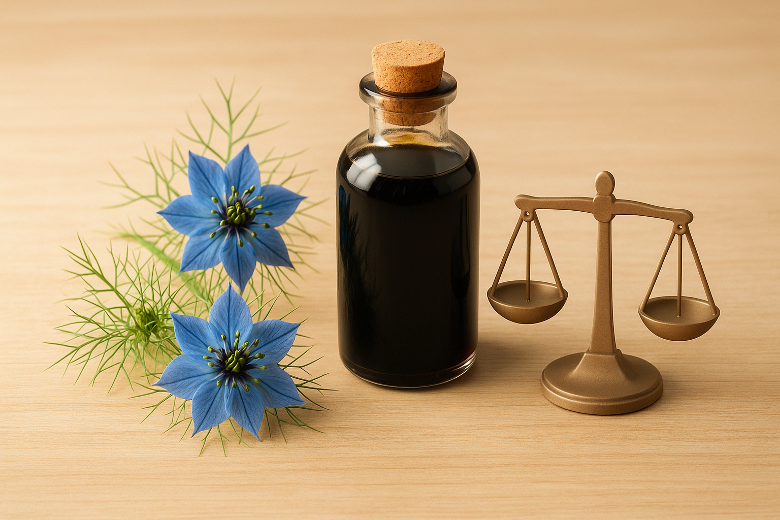 Nigella sativa plant with blue flowers next to black seed oil bottle and balance scale as it helps with weight loss