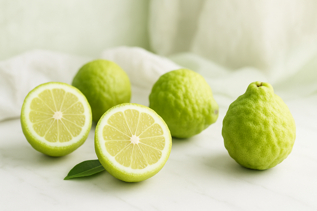 Fresh Italian citrus bergamot fruits on white marble surface with soft green natural textures for heart health blog post