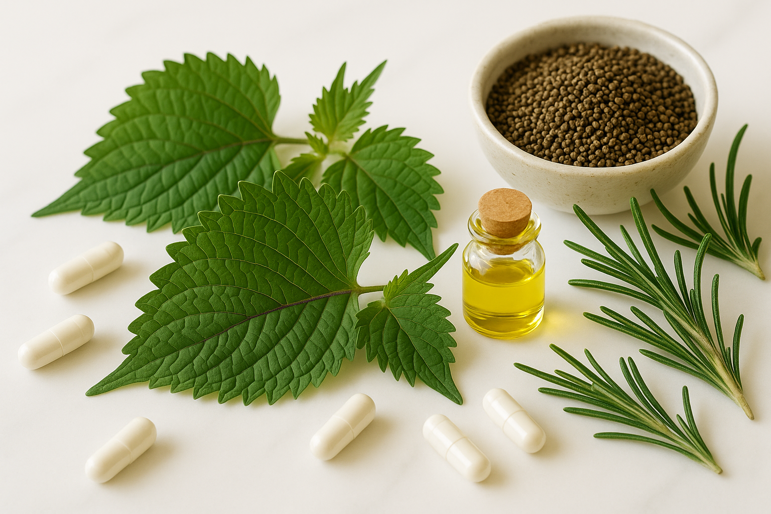 Fresh perilla leaves and rosemary sprigs arranged on white marble surface with supplement capsules, golden oil bottle, and ceramic cup of perilla seeds - natural anti-inflammatory ingredients