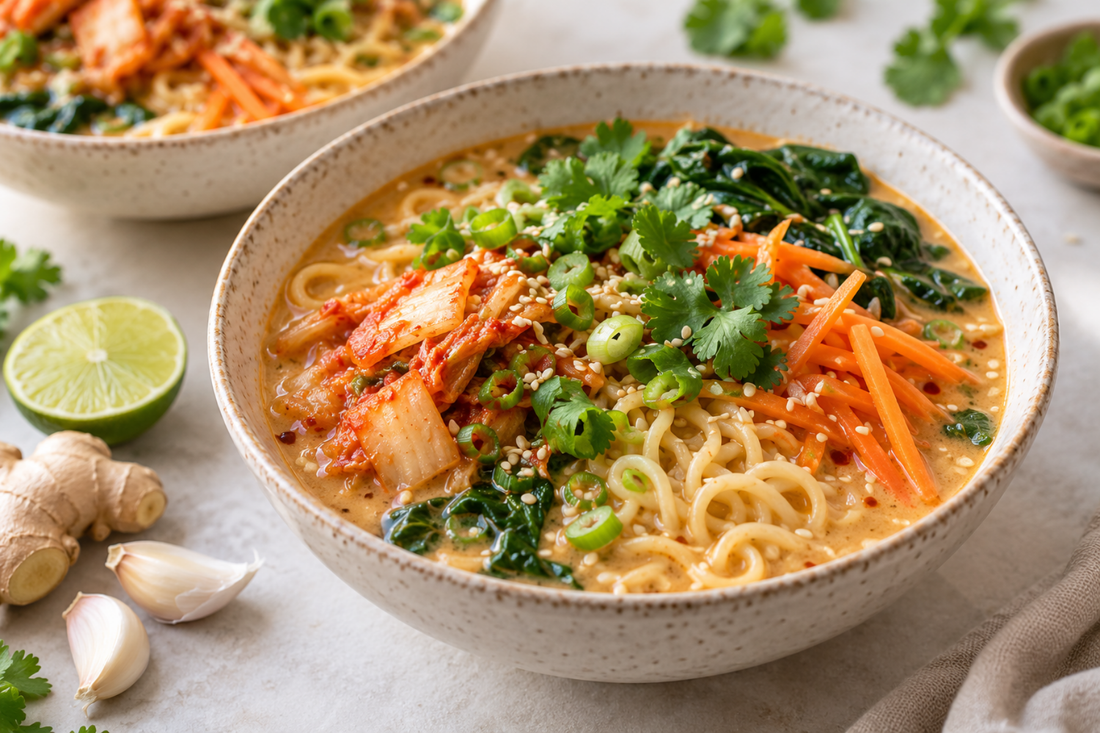 Miso peanut ramen with kimchi, carrot, spinach, scallions, cilantro, and sesame seeds, a 12-plant noodle dinner