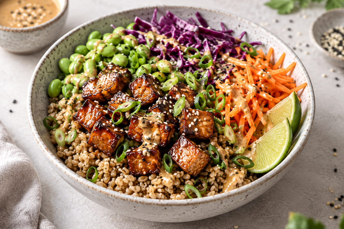 High-Protein Miso-Ginger Tempeh & Edamame Bowl (with Freekeh)