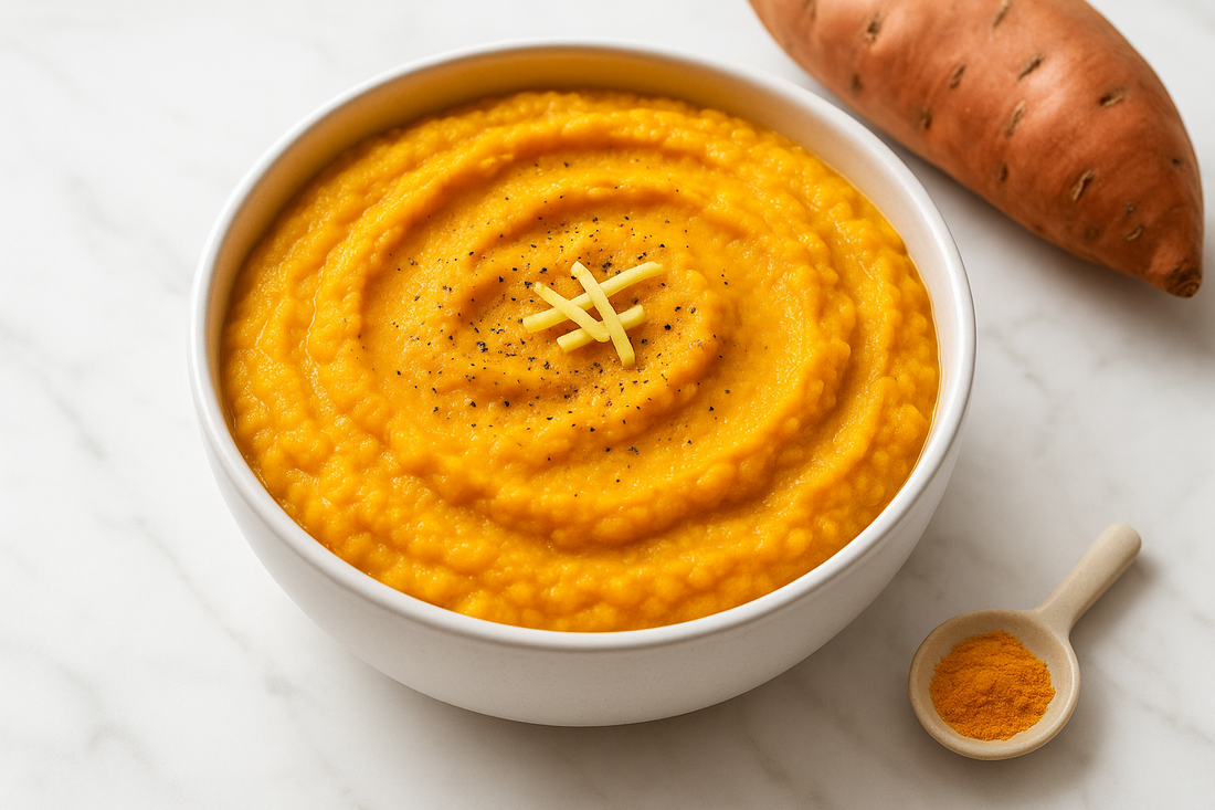 "A bowl of creamy golden-orange sweet potato mash garnished with black pepper and ginger, served in a white ceramic bowl on a white marble surface"