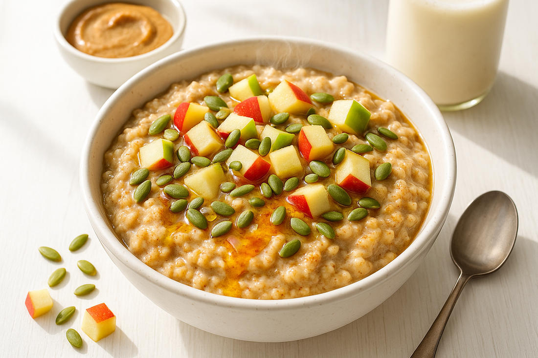 A bright, appetizing bowl of creamy oatmeal topped with diced fresh apples, pumpkin seeds, and maple syrup drizzle, served alongside a small bowl of almond butter and almond milk on a well-lit table