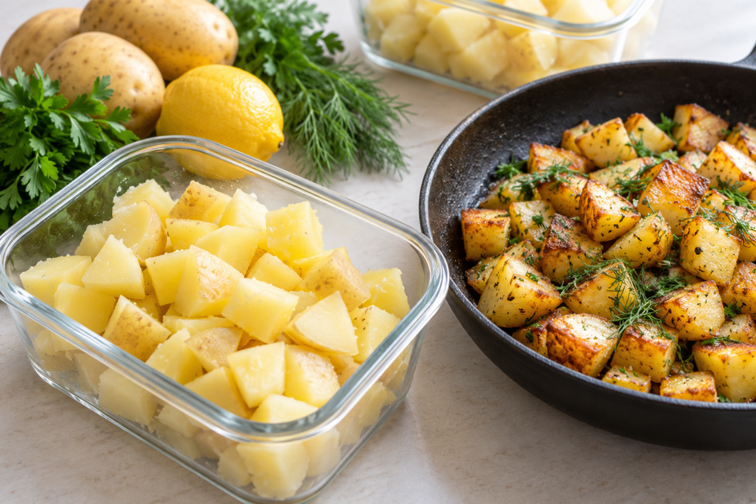 Diced chilled gold potatoes in a glass meal-prep container next to a skillet of crispy reheated potatoes with herbs