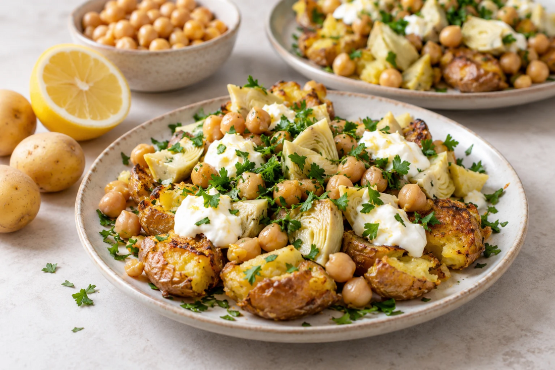 Crispy smashed potatoes topped with chickpeas, artichokes, lemon yogurt, and parsley on a white plate