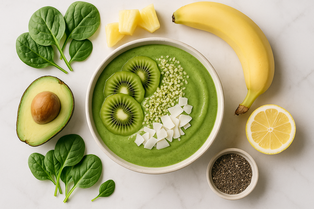 Vibrant green citrus bergamot smoothie bowl topped with kiwi slices, hemp seeds and coconut flakes, surrounded by fresh spinach, avocado, pineapple, banana, chia seeds and lemon on white marble surface for heart healthy breakfast recipe