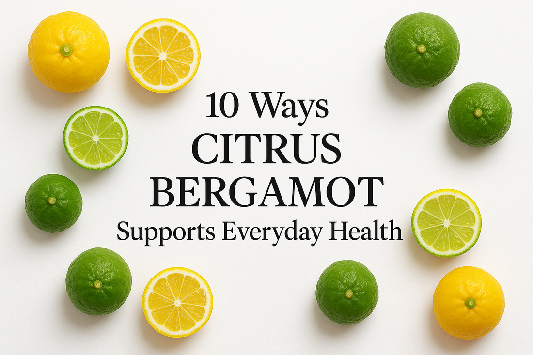 Blog post cover image with title '10 Ways Citrus Bergamot Supports Everyday Health' on white background with ripe and unripe citrus bergamot fruits