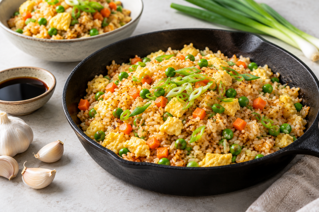 Garlic fried rice with scallions, peas, carrots, and scrambled egg in a black skillet, made with day-old chilled rice