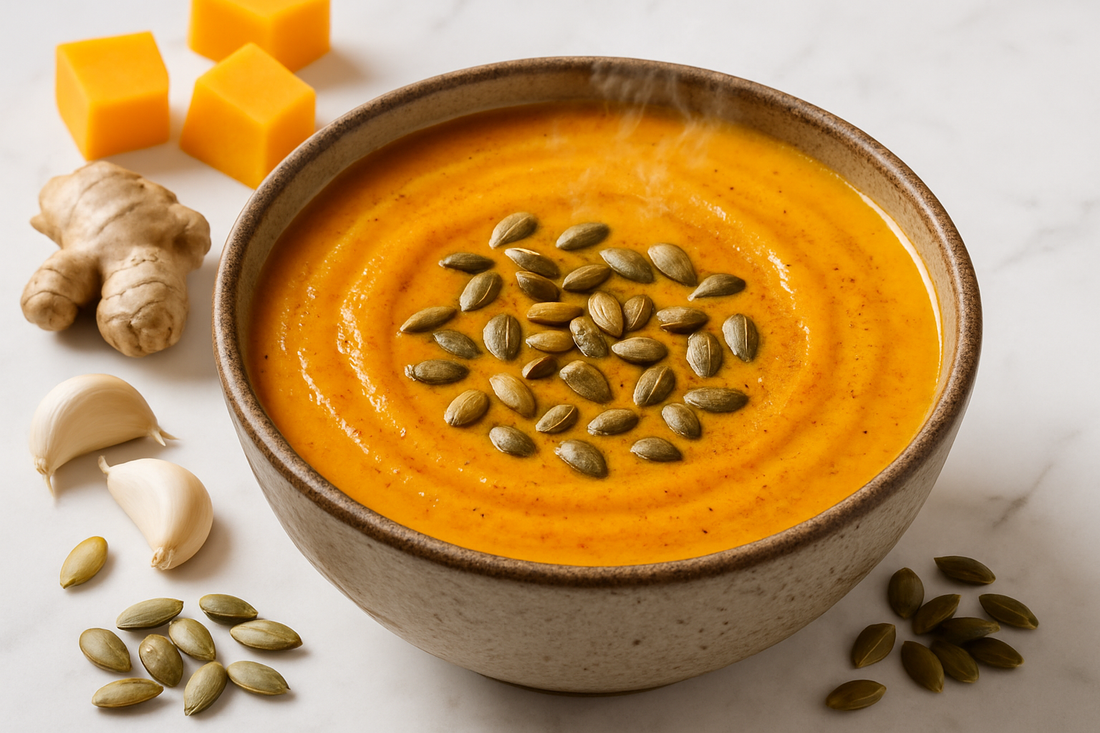 "Creamy spiced butternut squash soup topped with toasted pumpkin seeds in ceramic bowl, surrounded by fresh butternut squash cubes, ginger, and garlic on bright white marble surface"