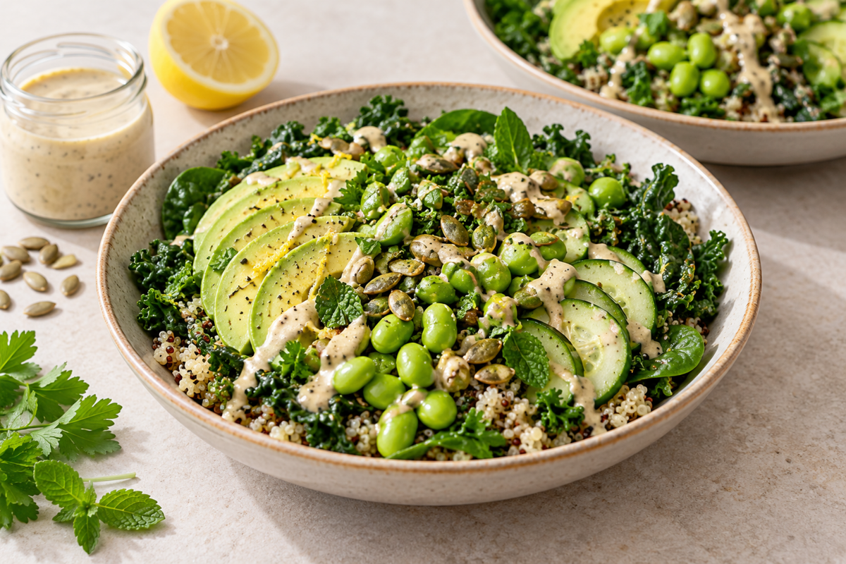 Kale quinoa salad with sliced avocado, edamame, cucumber, and toasted pumpkin seeds, drizzled with lemon-tahini dressing
