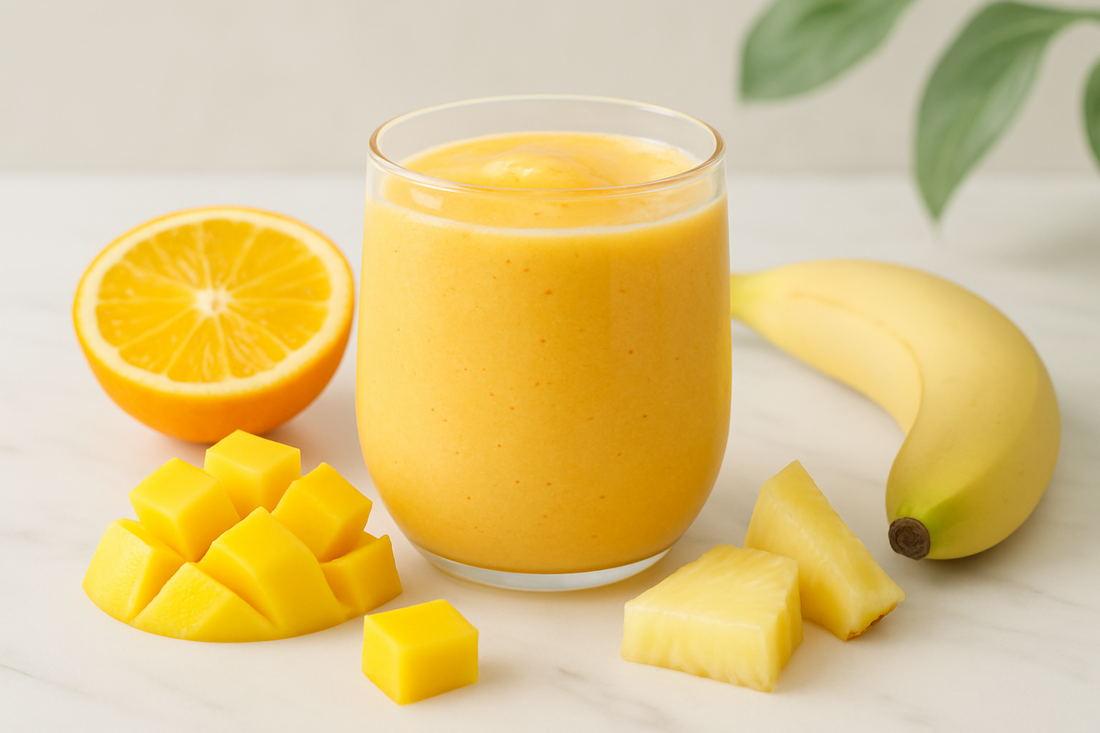  "Metabolism-boosting smoothie with Organic Citrus Bergamot and fresh tropical fruits on white marble surface"