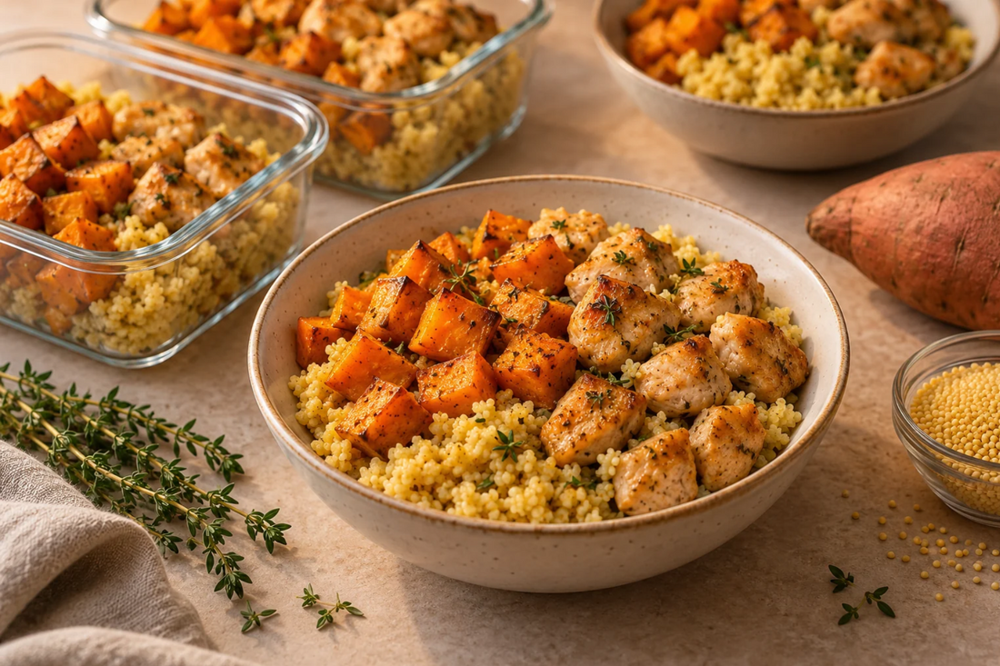 Millet, roasted sweet potato, and diced chicken base in meal-prep containers, ready for five calm weeknight dinners