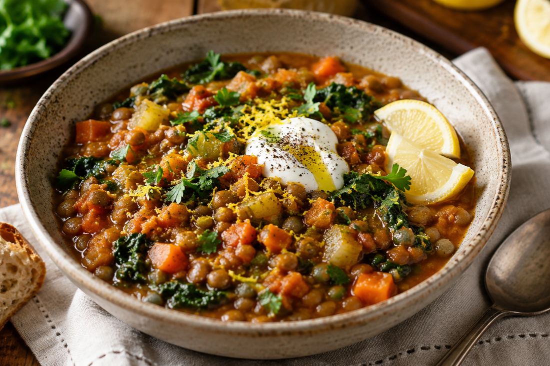 nourishing nutrients garlic and lemon lentil stew