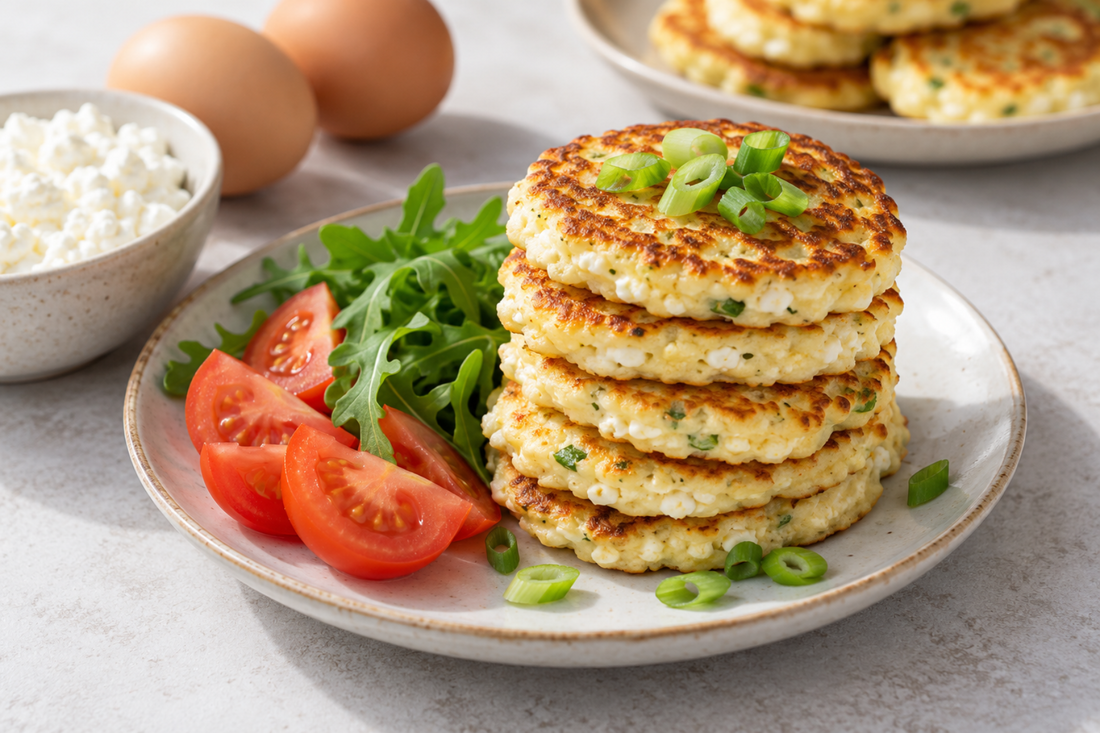 Stack of savory cottage cheese pancakes with scallions, sliced tomato, and arugula on a plate, 30 grams of protein