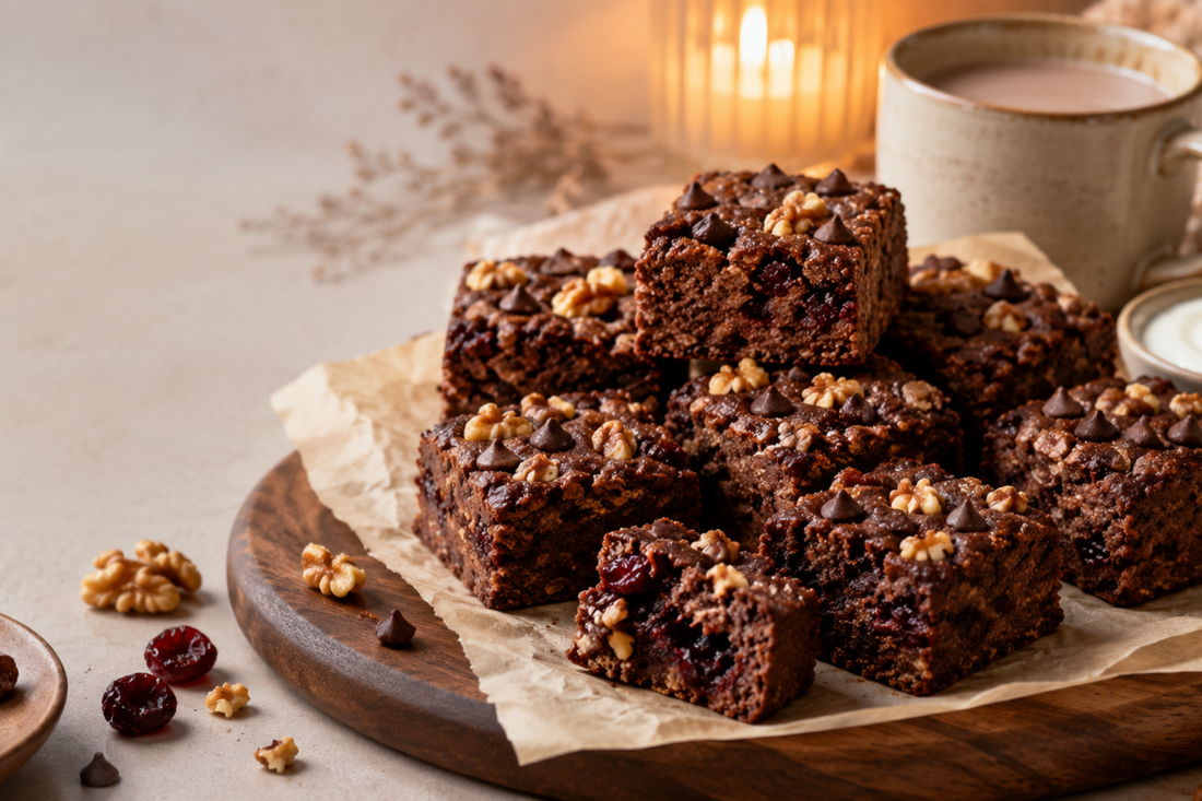 sleep supporting chocolate cherry walnut baked oat brownie bites
