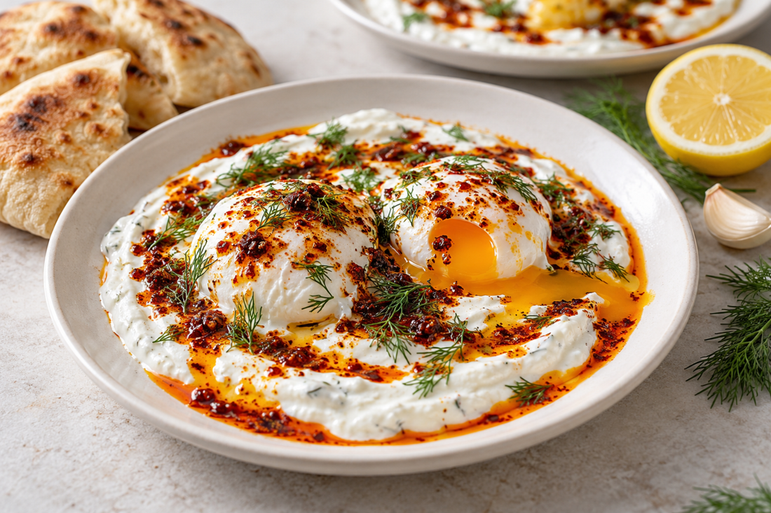 Turkish eggs with two runny poached eggs on garlic yogurt, red chili butter, torn dill, and warm pita on the side