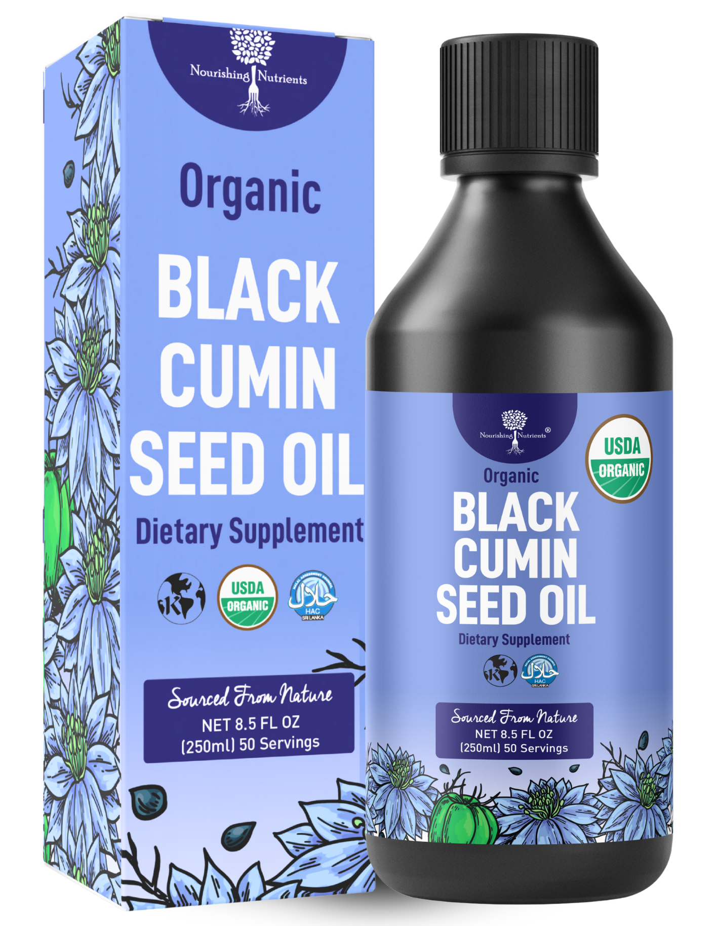 Black cumin seed oil bottle and packaging with blue label on a white background