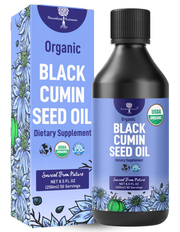 Black cumin seed oil bottle and packaging with blue label on a white background