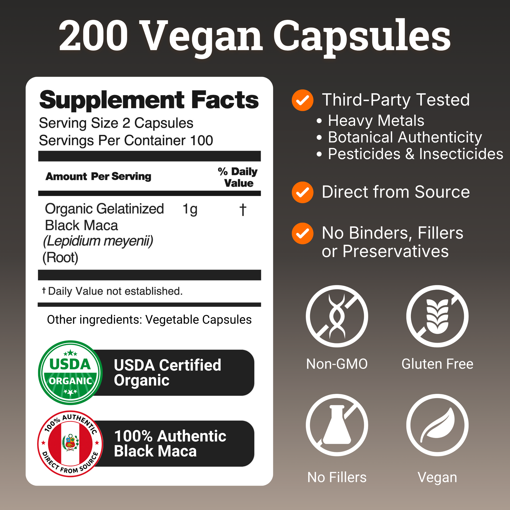Product information graphic showing supplement facts with 1 gram of organic gelatinized black maca per serving. The image highlights USDA Organic certification, third-party testing for purity and authenticity, and a clean formula that is vegan, non-GMO, gluten-free, and free from fillers, binders, and preservatives.
100 maca root; 4 in 1 organic black maca root; adaptogens maca; best black maca root