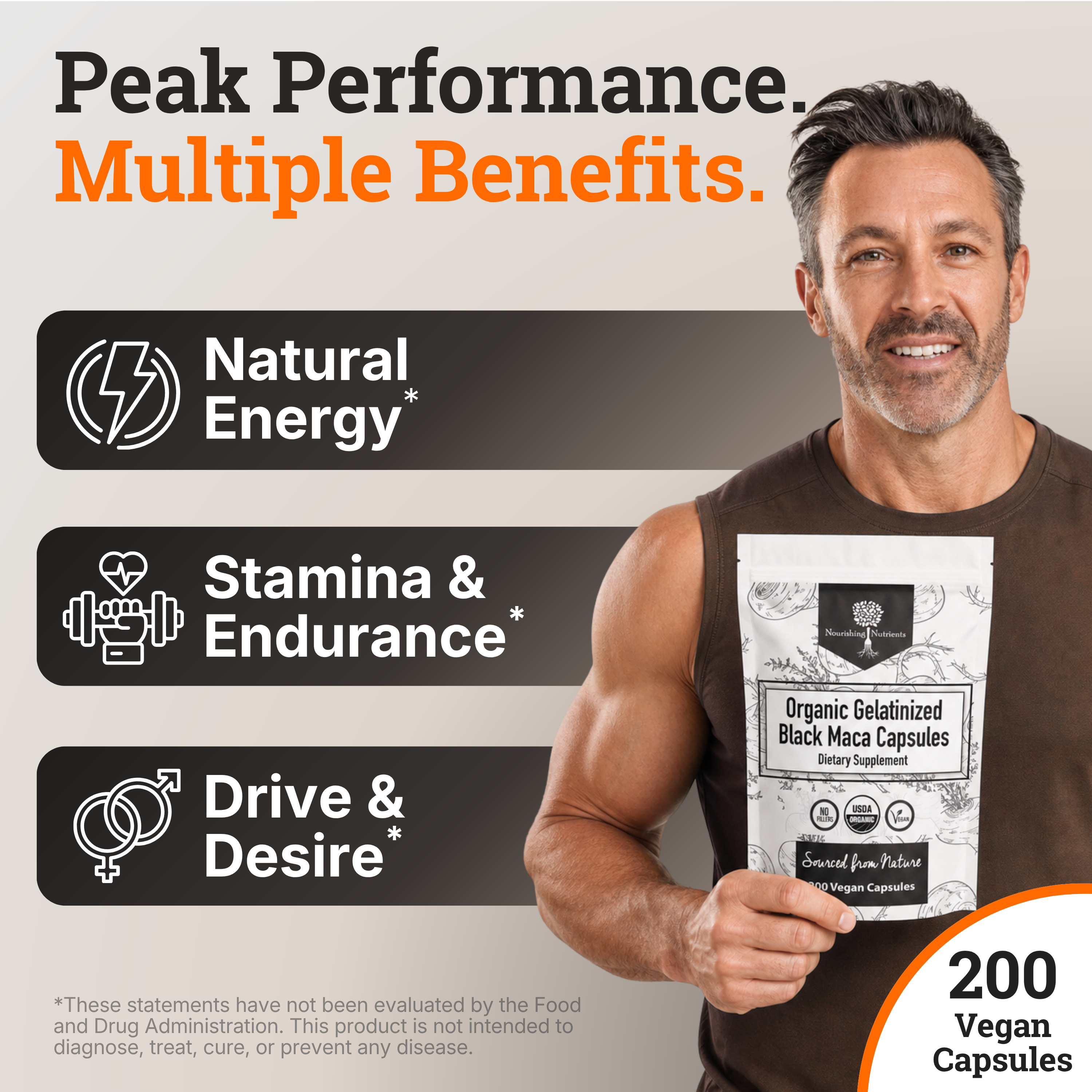 Athletic man holding the Nourishing Nutrients black maca package beside icons for natural energy, stamina, and drive. The image emphasizes black maca's traditional use for supporting endurance, performance, focus, and sustained energy without caffeine or stimulants.
best maca for men; black gelatinized maca; blac maca