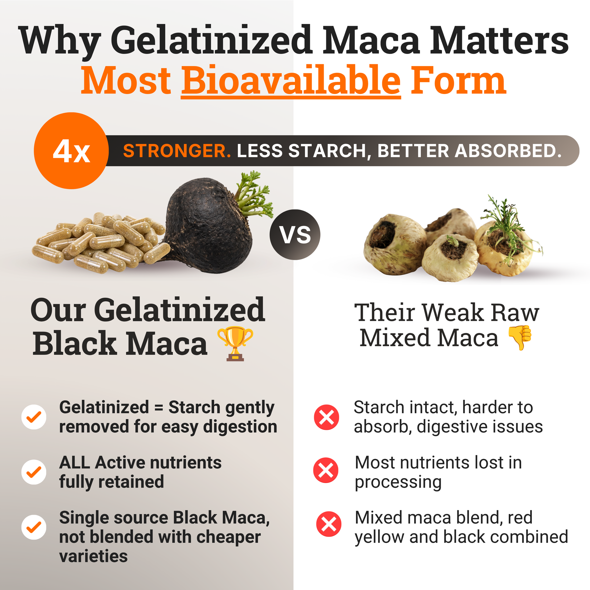 Side-by-side comparison of gelatinized black maca and raw maca roots. The image explains that gentle gelatinization removes excess starch for easier digestion and absorption while preserving naturally occurring nutrients found in black maca root.
best maca for men; black gelatinized maca; black maca; black maca capsules; black maca capsules peru