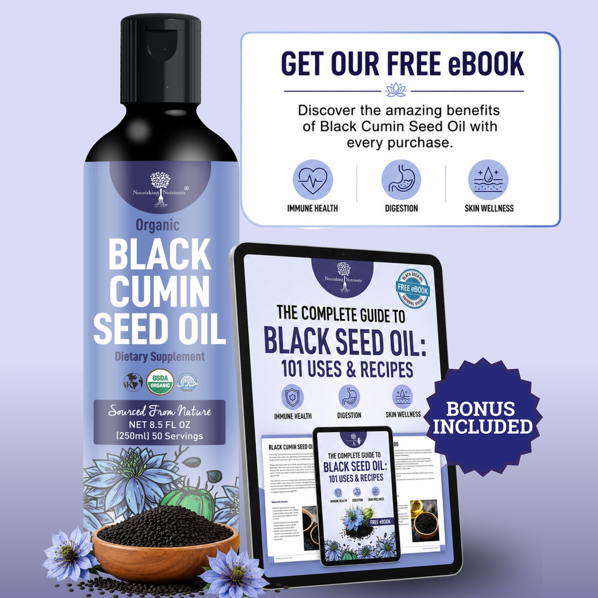 An informational graphic for Organic Black Cumin Seed Oil shows a large bottle beside a tablet displaying a free eBook titled "The Complete Guide to Black Seed Oil: 101 Uses & Recipes." The image promotes a complimentary eBook with every purchase and highlights topics such as immune health, digestion, and skin wellness. Blue flowers and a bowl of black cumin seeds decorate the bottom of the image.
8oz black seed oil; best black seed oil; black cumin oil