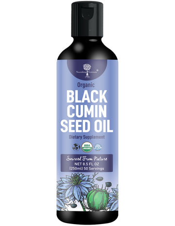A bottle of Nature's Way Organic Black Cumin Seed Oil, 8.5 fl oz, with a black cap and a light purple label featuring white text and botanical illustrations. blackseed oil organic cold pressed unrefined glass bottle black seed oil organic cold pressed black seed oil