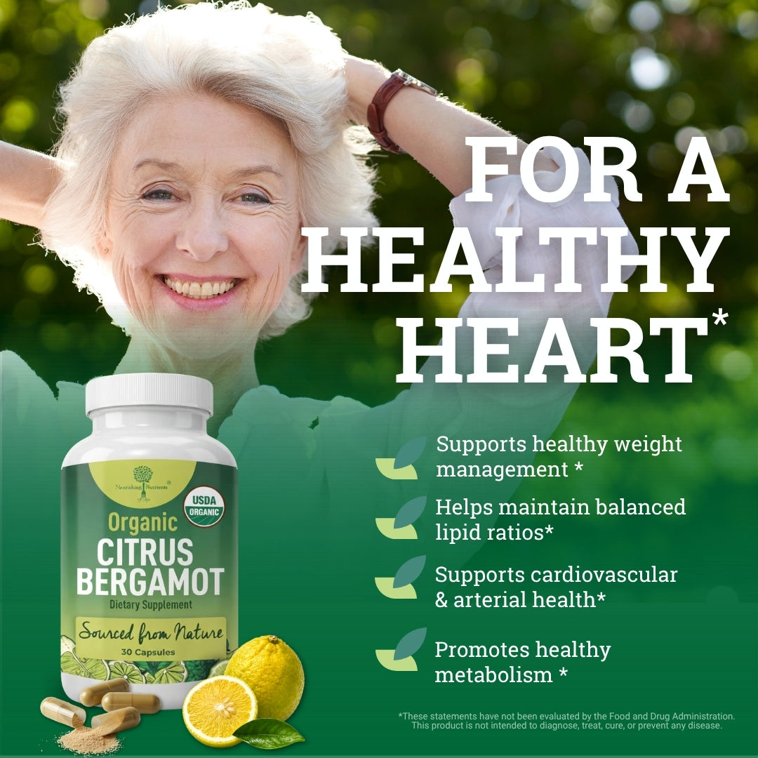 Nourishing Nutrients Organic Citrus Bergamot promotional image features a smiling older woman alongside a bottle of the supplement, three loose capsules, and yellow citrus fruits. The main headline reads, "FOR A HEALTHY HEART". Four bullet points on the right state that it supports weight management, balanced lipid ratios, cardiovascular and arterial health, and a healthy metabolism.
lower cholesterol supplements bergamot capsule jarrow bergamot citrus citrus bergamot for cholesterol
