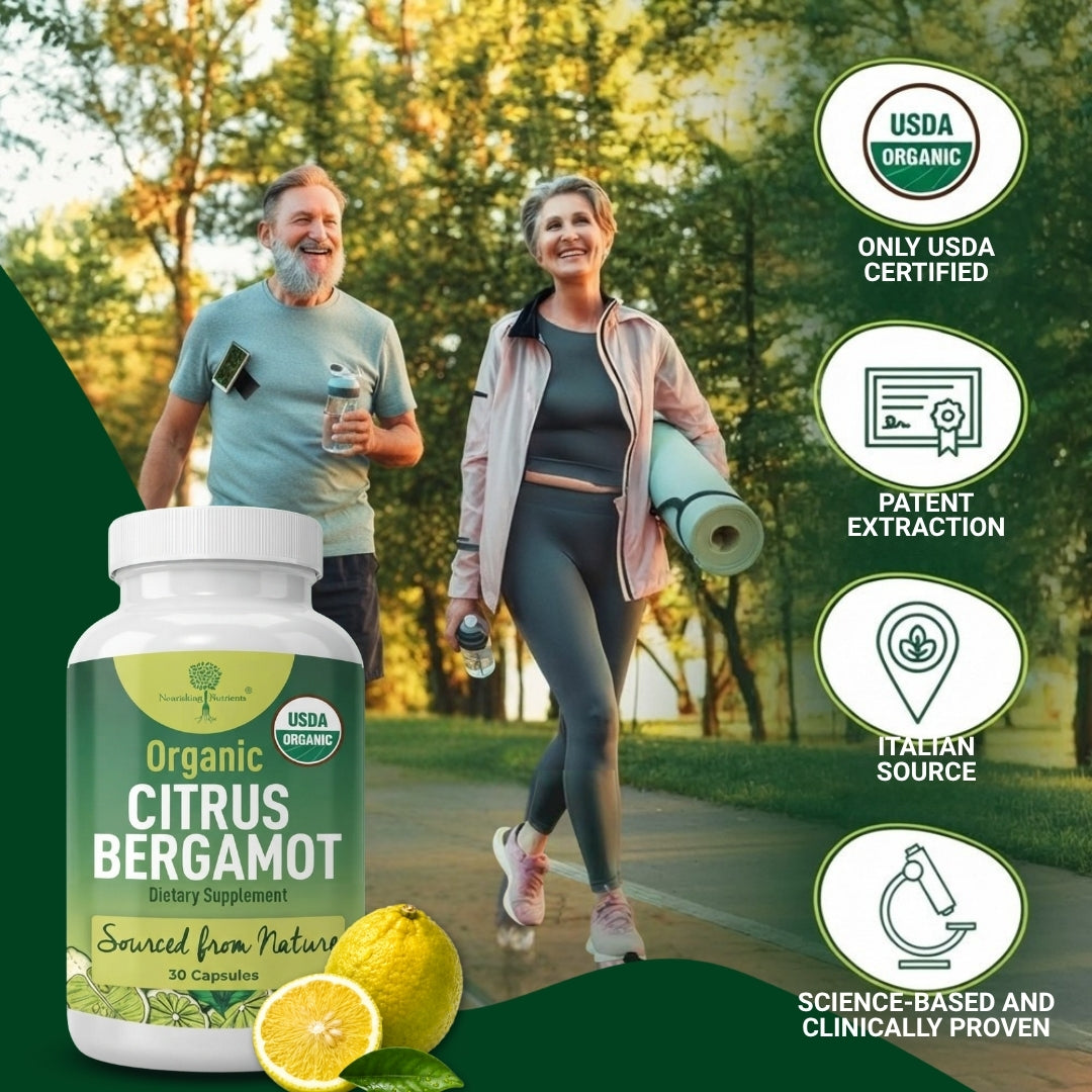 Nourishing Nutrients Organic Citrus Bergamot promotional image features a smiling, active middle-aged couple walking on an outdoor path. In the bottom left corner, the white supplement bottle sits next to a whole bergamot fruit, a sliced lemon, and a green leaf. Four circular icons on the right highlight that the product is Only USDA Certified, uses a Patent Extraction, comes from an Italian Source, and is Science-Based and Clinically Proven.
bergamont bergamot supplement high cholesterol bergamot extract
