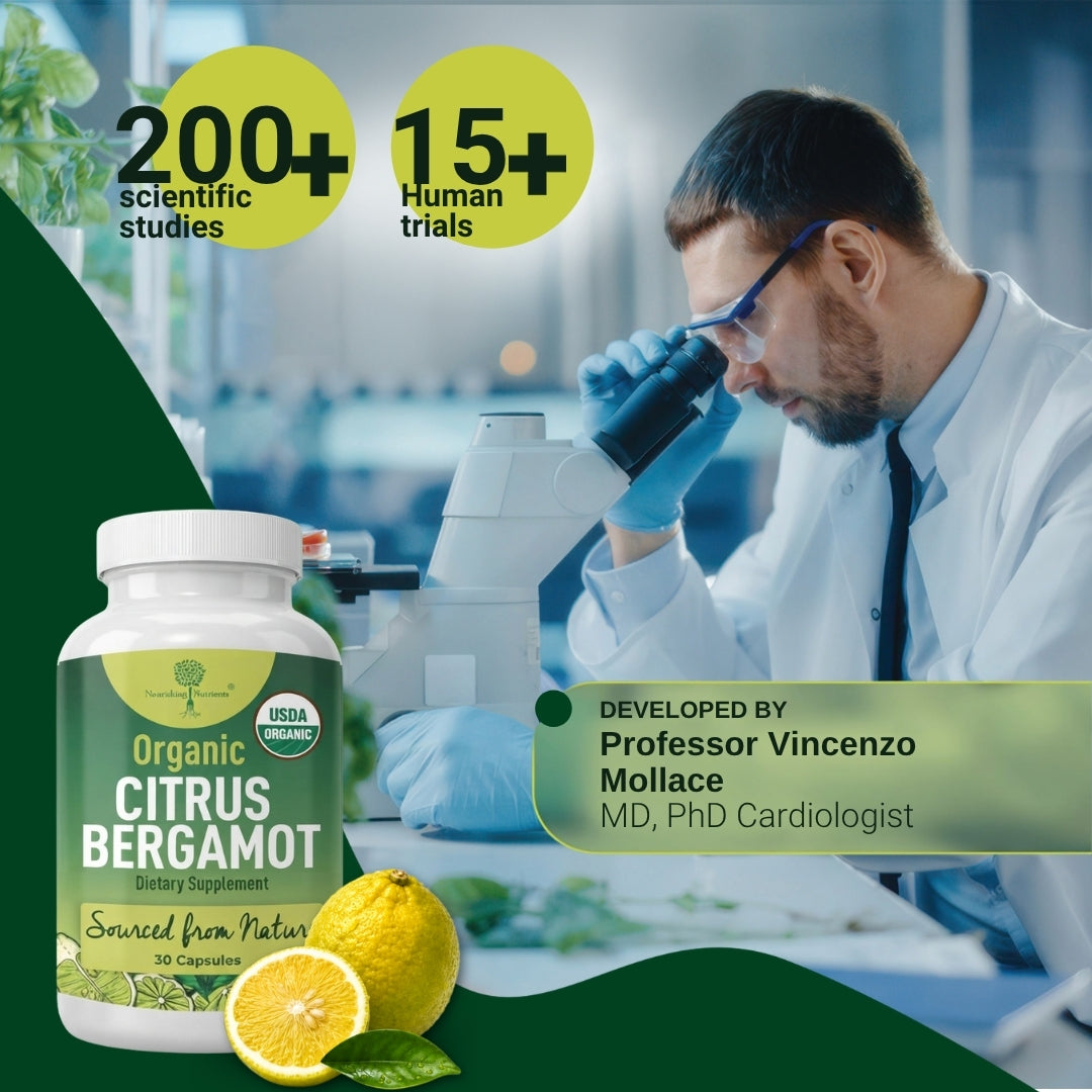 Nourishing Nutrients Organic Citrus Bergamot promotional image displays a scientist in a lab coat, gloves, and safety glasses working with a microscope. In the foreground sits the white supplement bottle alongside a whole bergamot fruit, a sliced lemon, and a green leaf. Two large yellow circles at the top emphasize "200+ scientific studies" and "15+ human trials," while a green banner notes the product was "Developed by Professor Vincenzo Mollace, MD, PhD Cardiologist."
citrus bergamot capsules bergamont