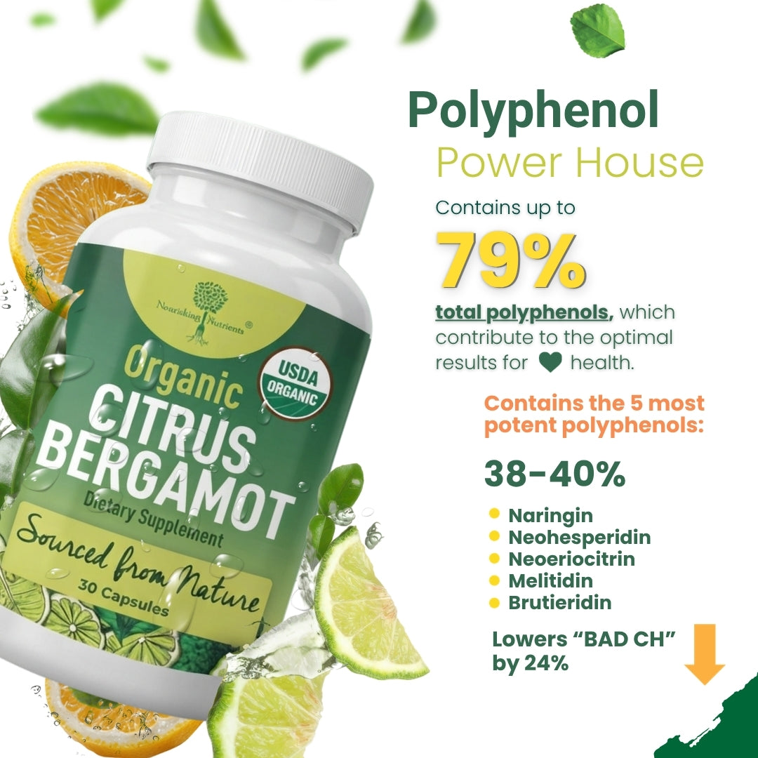 Nourishing Nutrients Organic Citrus Bergamot promotional image features a large image of the supplement bottle surrounded by floating citrus fruit slices and green leaves. The text reads "Polyphenol Power House" and states the product contains up to 79% total polyphenols for heart health. It lists 38–40% of the five most potent polyphenols (Naringin, Neohesperidin, Neoeriocitrin, Melitidin, and Brutieridin) and claims it lowers "BAD CH" by 24%.
bergamot organic citrus bergamot extract bergamot capsules