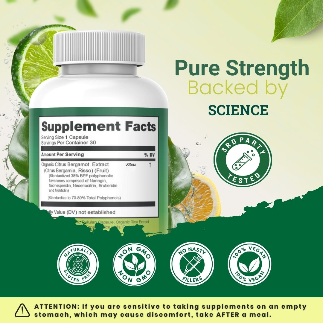 Nourishing Nutrients Organic Citrus Bergamot promotional image showcases the Supplement Facts label on a white bottle, stating a serving size of 1 Capsule containing 500mg of Organic Citrus Bergamot Extract. Circular badges highlight that the product is 3rd Party Tested, Gluten Free, Non-GMO, has No Nasty Fillers, and is 100% Vegan. A warning banner at the bottom advises taking the supplement after a meal if you have a sensitive stomach to avoid discomfort.
organic quality citrus bergamot citrus bergamot mg