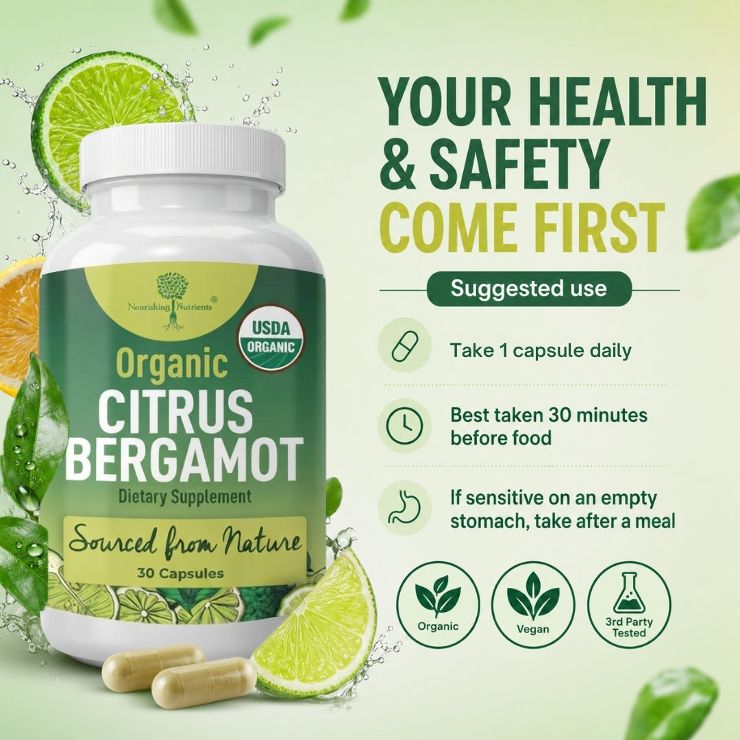 Nourishing Nutrients Organic Citrus Bergamot promotional image displays the white supplement bottle with two loose capsules and green citrus slices under the headline "YOUR HEALTH & SAFETY COME FIRST." The "Suggested use" section directs users to take 1 capsule daily, preferably 30 minutes before food, or after a meal if sensitive on an empty stomach. The bottom features badges confirming the product is Organic, Vegan, and 3rd Party Tested.
citrus bergamot supplement bergamonte citrus bergavit mg