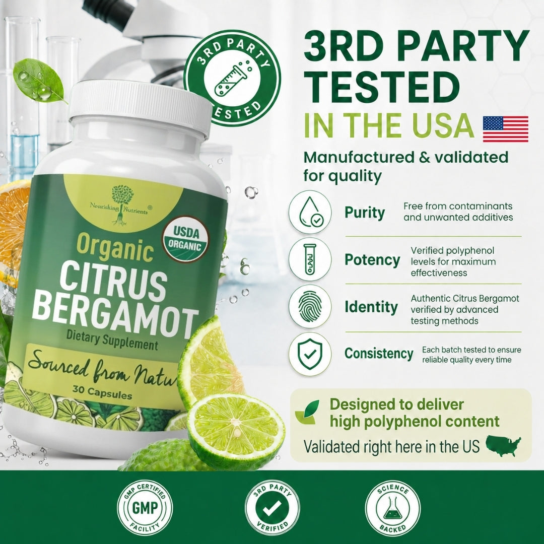 Nourishing Nutrients® Organic Citrus Bergamot promotional image displays the white supplement bottle alongside green lime slices under the headline "3RD PARTY TESTED IN THE USA." It highlights four quality standards: Purity (contaminant-free), Potency (verified polyphenols), Identity (authentic bergamot), and Consistency (batch tested). The bottom features certification badges for a GMP Certified Facility, 3rd Party Verified, and Science Backed formulation.
nourishing nutrients citrus bergamot jarrow bergam