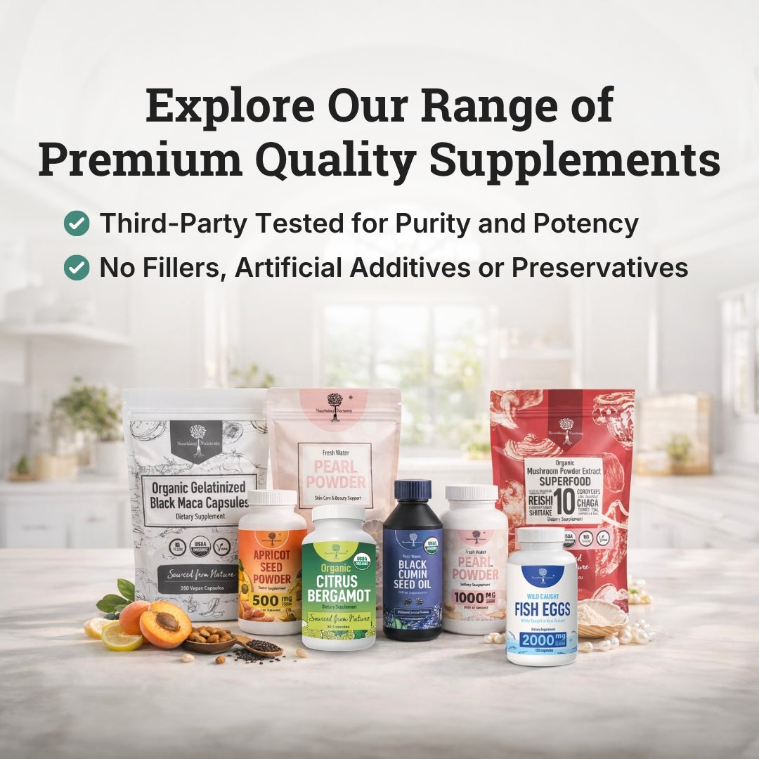 Nourishing Nutrients promotional graphic showcases a range of premium quality supplements, including black maca, pearl powder, citrus bergamot, black cumin seed oil, fish eggs, and organic mushroom powder. The image highlights third-party testing for purity and potency, along with no fillers, artificial additives, or preservatives.
Double wood citrus bergamot cholesterol supplement bergamont bergamot extract citrus bergamot extract   