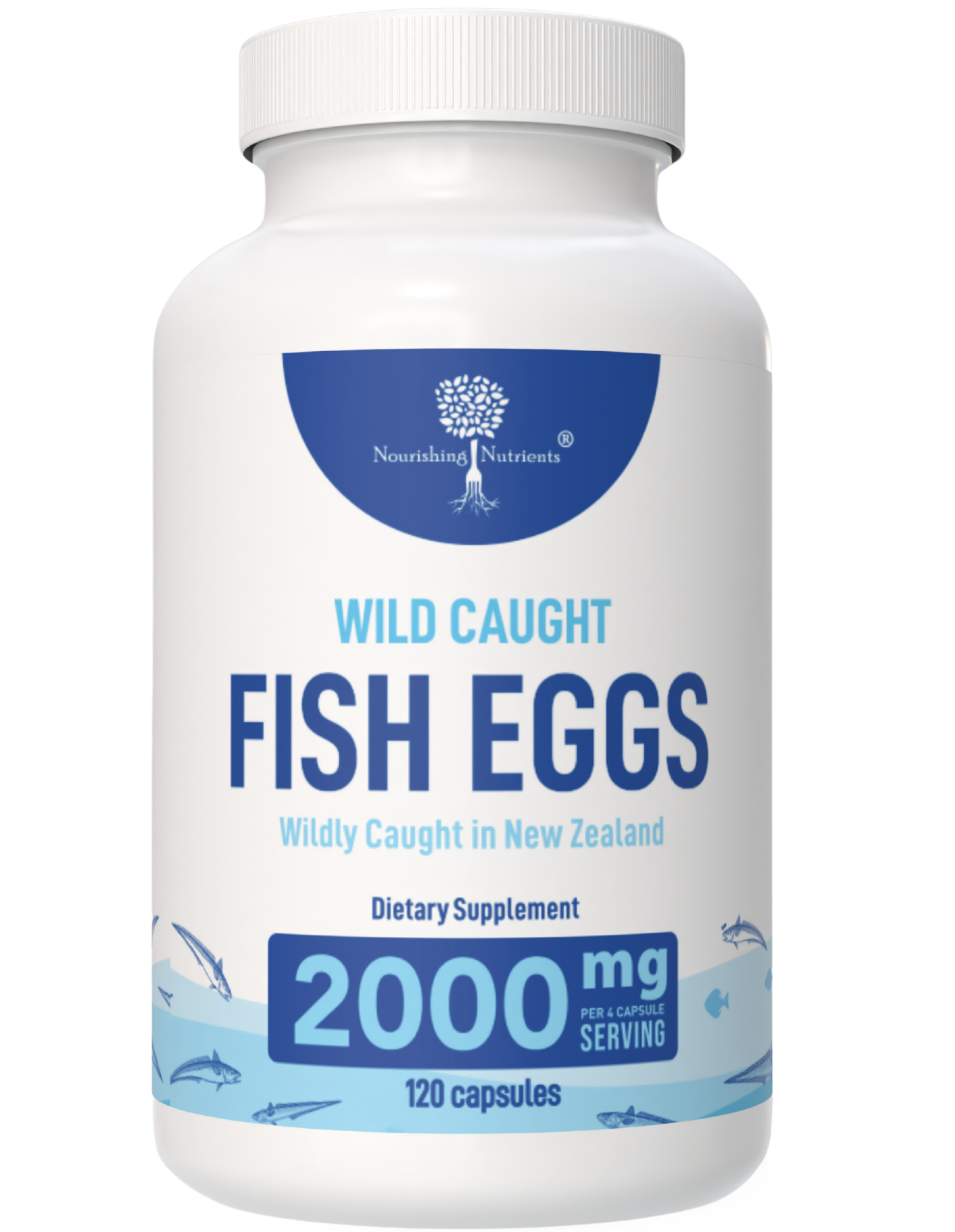 Supplement bottle labeled 'Wild Caught Fish Eggs' with branding on a white background