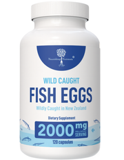 Supplement bottle labeled 'Wild Caught Fish Eggs' with branding on a white background