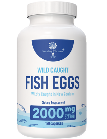 Supplement bottle labeled 'Wild Caught Fish Eggs' with branding on a white background