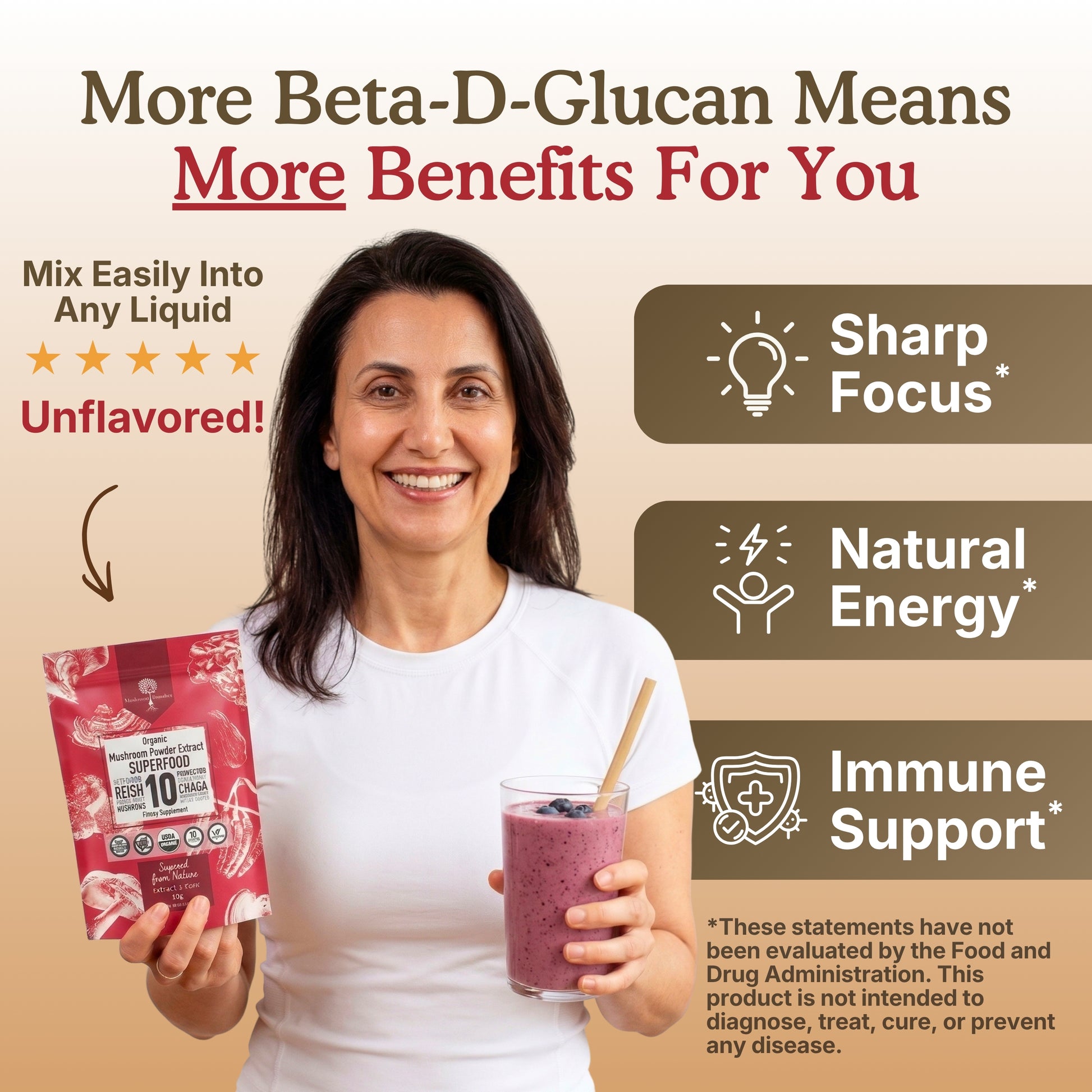 Organic mushroom powder extract supplement graphic features a smiling woman holding a red superfood pouch and a berry smoothie. The image highlights beta-D-glucan benefits, easy mixing into liquids, no strong flavor, and wellness support for sharp focus, natural energy, and immune support.
mushroom powder organic; mushroom organic powder; imperial mushroom extract