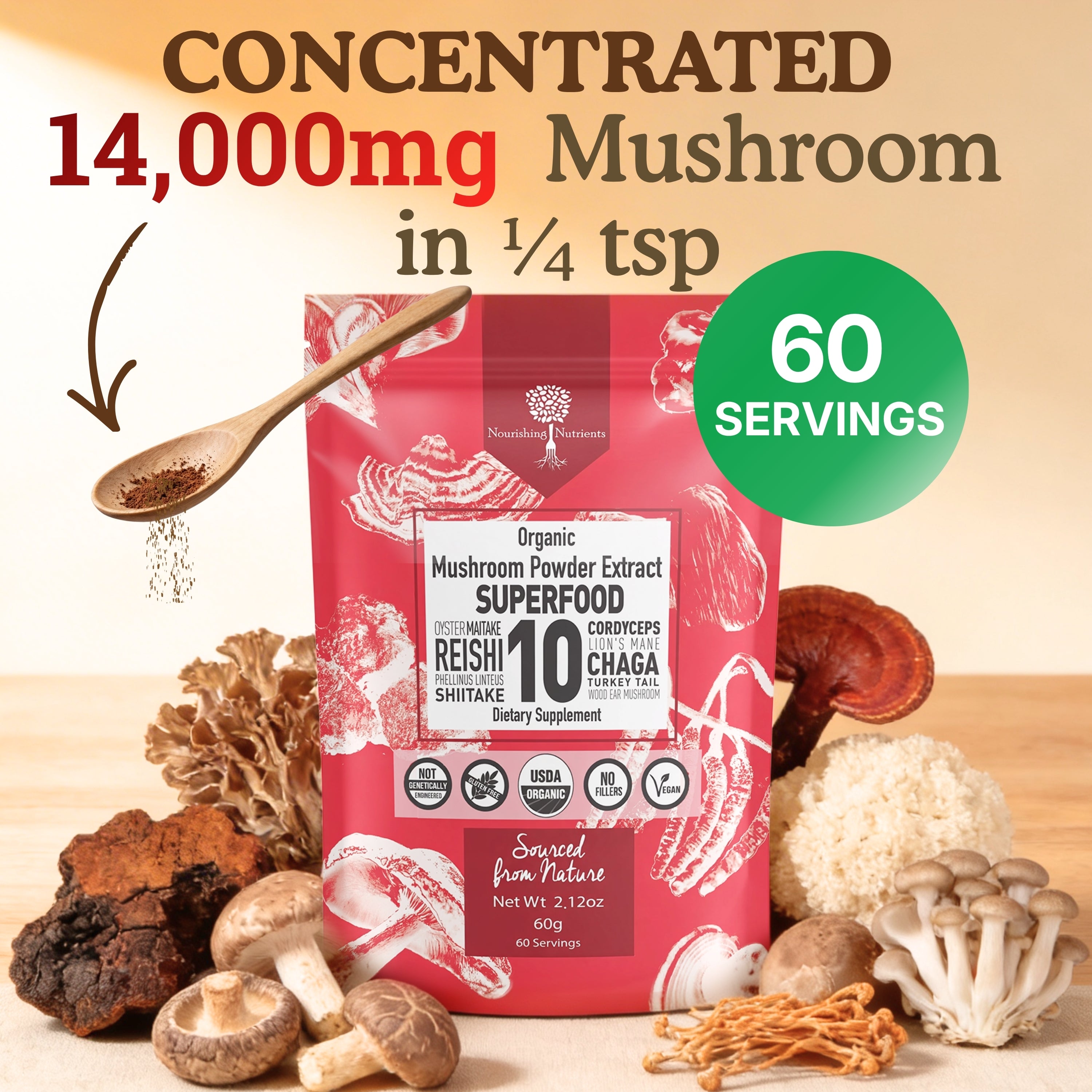 Nourishing Nutrients Organic Mushroom Powder Extract Superfood pouch displayed with assorted mushrooms and a wooden spoon of powder. The graphic highlights a concentrated 14:1 extract, delivering 14,000 mg of mushrooms in a 1 g serving, along with USDA Organic certification, vegan ingredients, no fillers, and 60 servings per pouch.
shiitake mushroom extract; mushroom powder for coffee; adaptogen blend powder