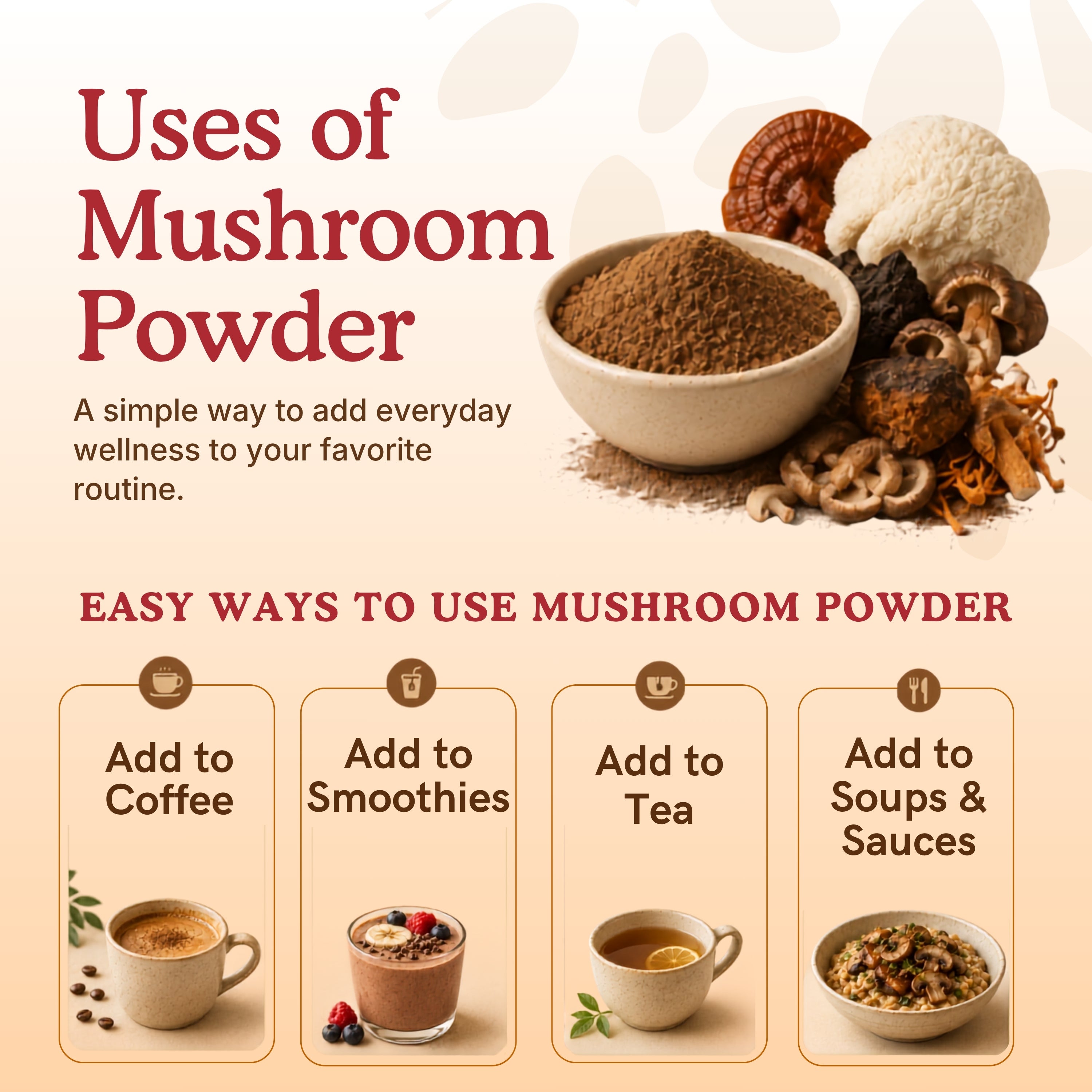 Informational graphic showing ways to use mushroom powder, including adding it to coffee, smoothies, tea, soups, and sauces as part of a daily wellness routine.
 reishi mushroom powder; mushroom extracts for cancer; reishi mushrooms powder