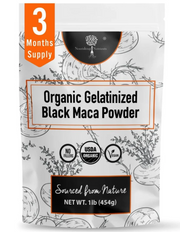 Nourishing Nutrients Organic Gelatinized Black Maca Powder in a 1 lb (454g) resealable white pouch with botanical maca root illustrations, black and orange accents, USDA Organic certification, vegan label, no fillers claim, and “Sourced from Nature” branding.