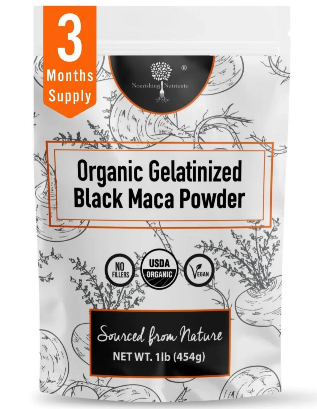 Nourishing Nutrients Organic Gelatinized Black Maca Powder in a 1 lb (454g) resealable white pouch with botanical maca root illustrations, black and orange accents, USDA Organic certification, vegan label, no fillers claim, and “Sourced from Nature” branding.