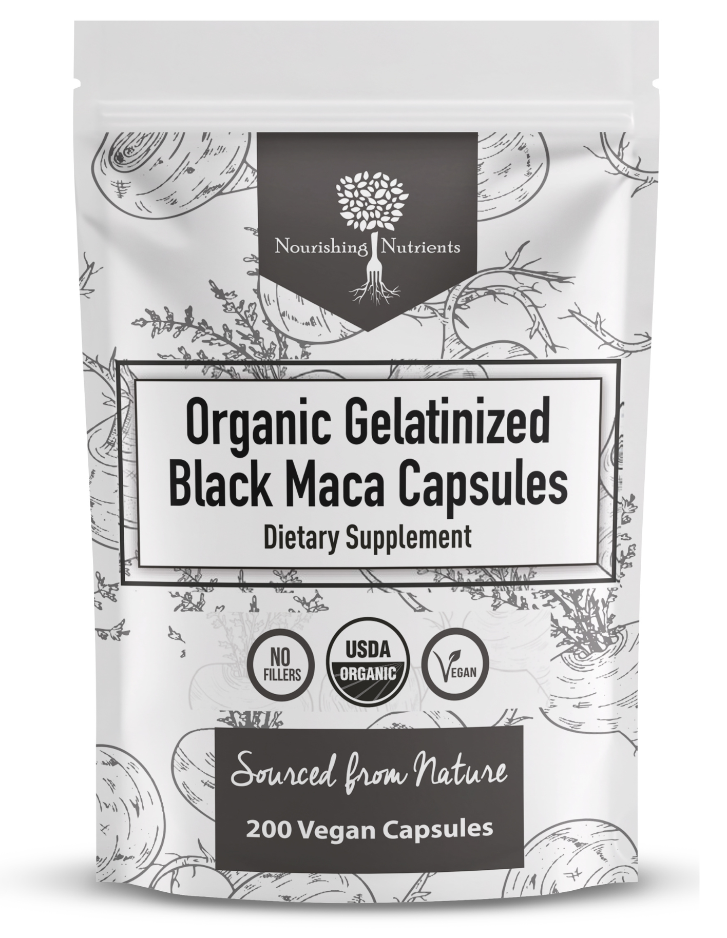 Package of Organic Gelatinized Black Maca Capsules with branding and certification logos on a white background